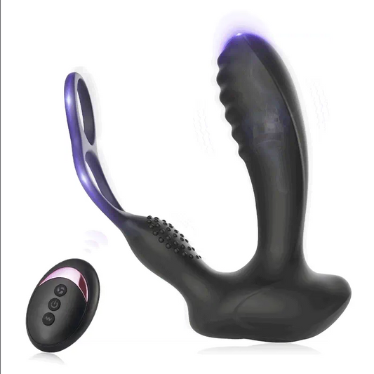 Acmejoy 10 Vibrations Heating Function Remote Control Anal Plug with Dual Cock Rings
